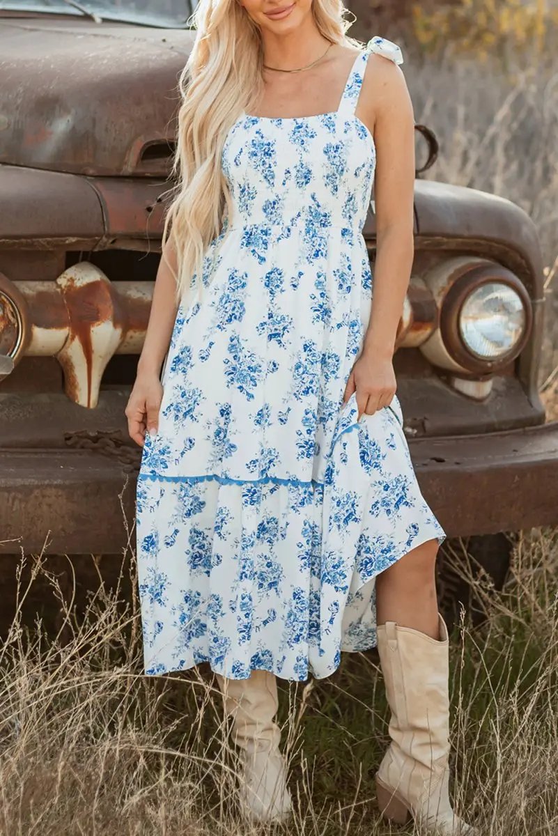 Sky Blue Floral Print Shirred Knot Shoulder Dress - Love Salve